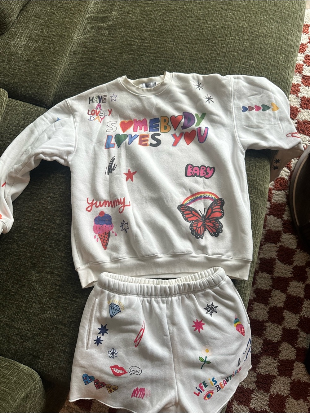 White Graphic Women’s Pajama Set with Colorful Prints